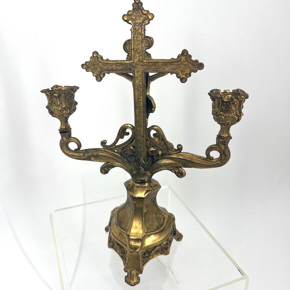 Antique Standing Crucifix Candelabra Holy Water Holder Sick Visit Last Rights - Picture 4 of 9